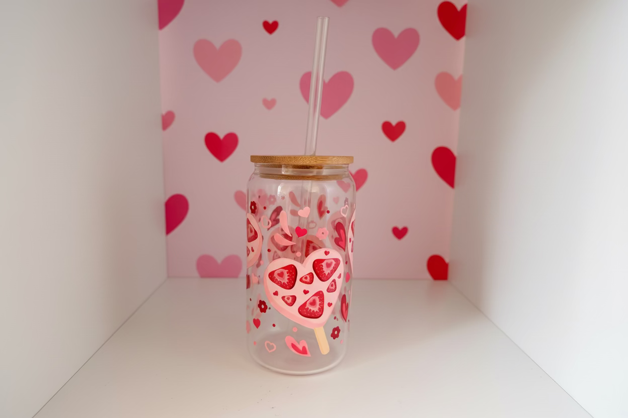 20 oz Glass Tumbler with Strawberry Hearts Design